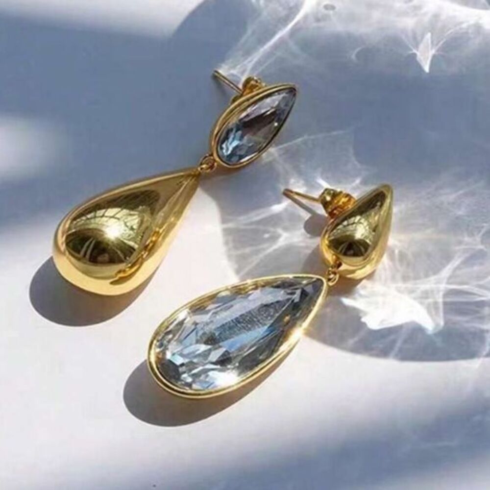 Vintage Glamorous Goldtone Crystal Gemstone Water Drop Statement Earrings